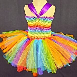 Handmade Rainbow Tutu Dress Size 3T - 5 Youth Adjustable Satin Halter, 12" Skirt